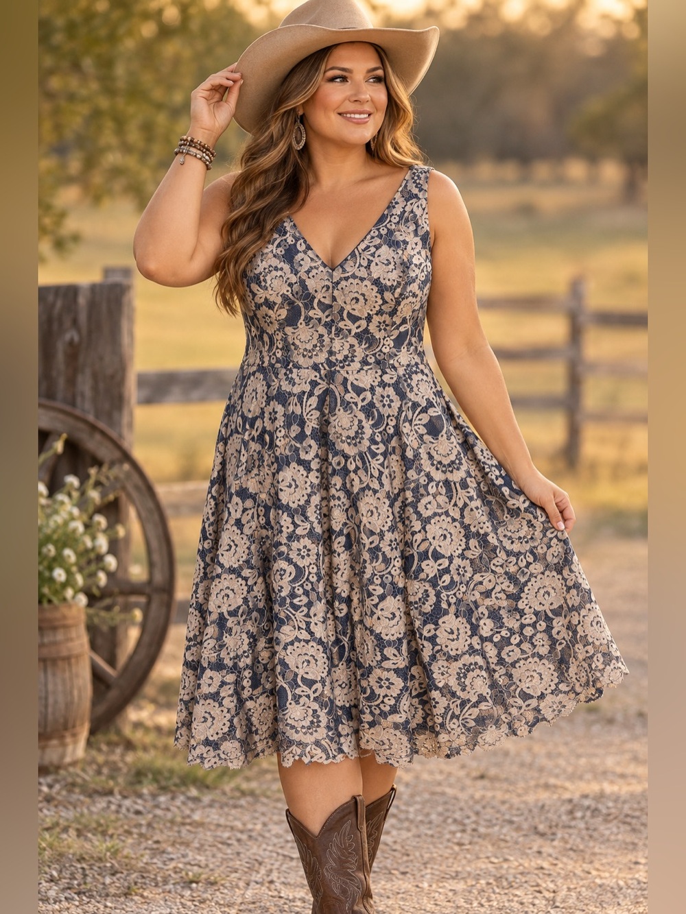 Vince Camuto Navy Champagne Floral Lace Fit Flare Midi Dress 12 NWT